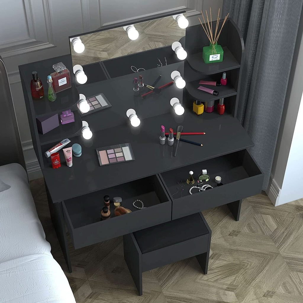 Black Vanity Set With 10 Lights For Bedroom Storage by ShipItFurniture
