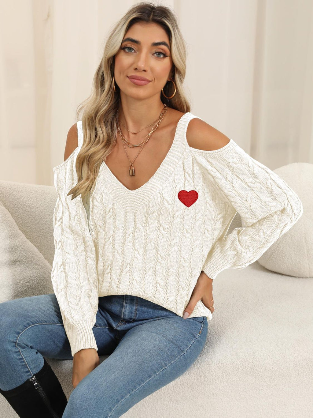 Cable-Knit Heart V-Neck Sweater by Wild and Free Boutique