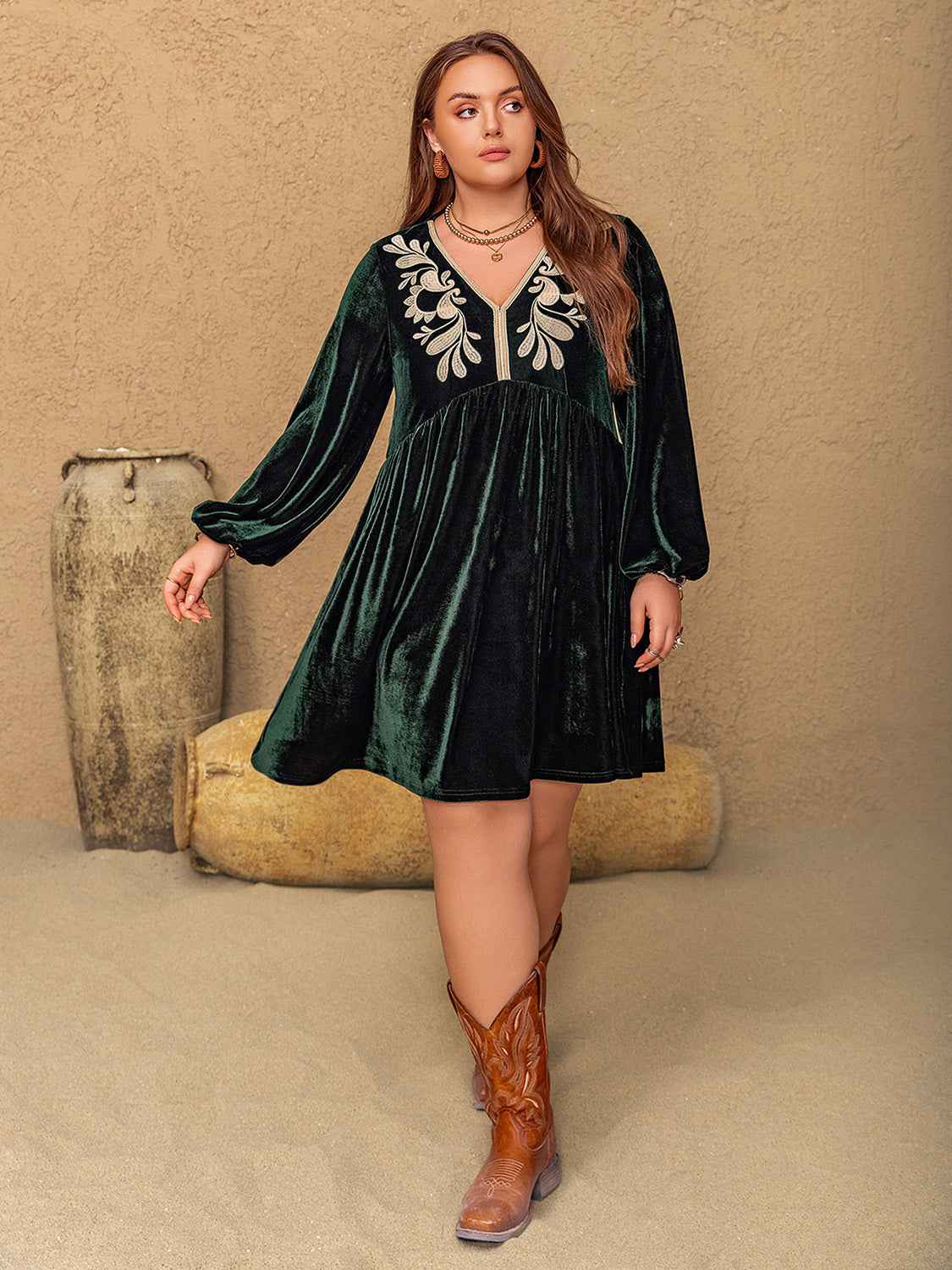 Plus Size Embroidered V-Neck Long Sleeve Dress by Wild and Free Boutique