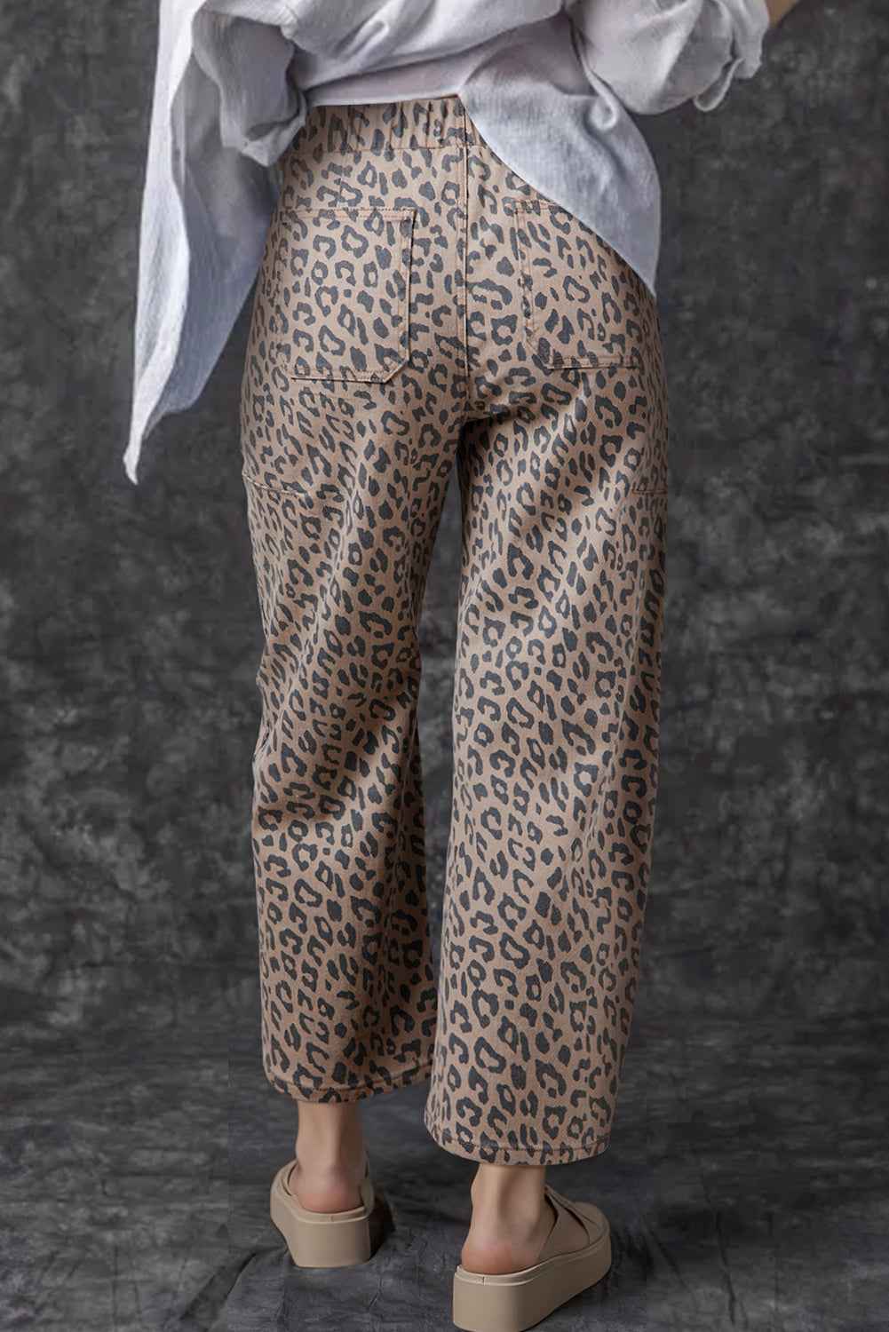 Khaki Leopard Printed Drawstring Elastic Waistband Pocketed Barrel Jeans by Dear-Lover Dropshipping