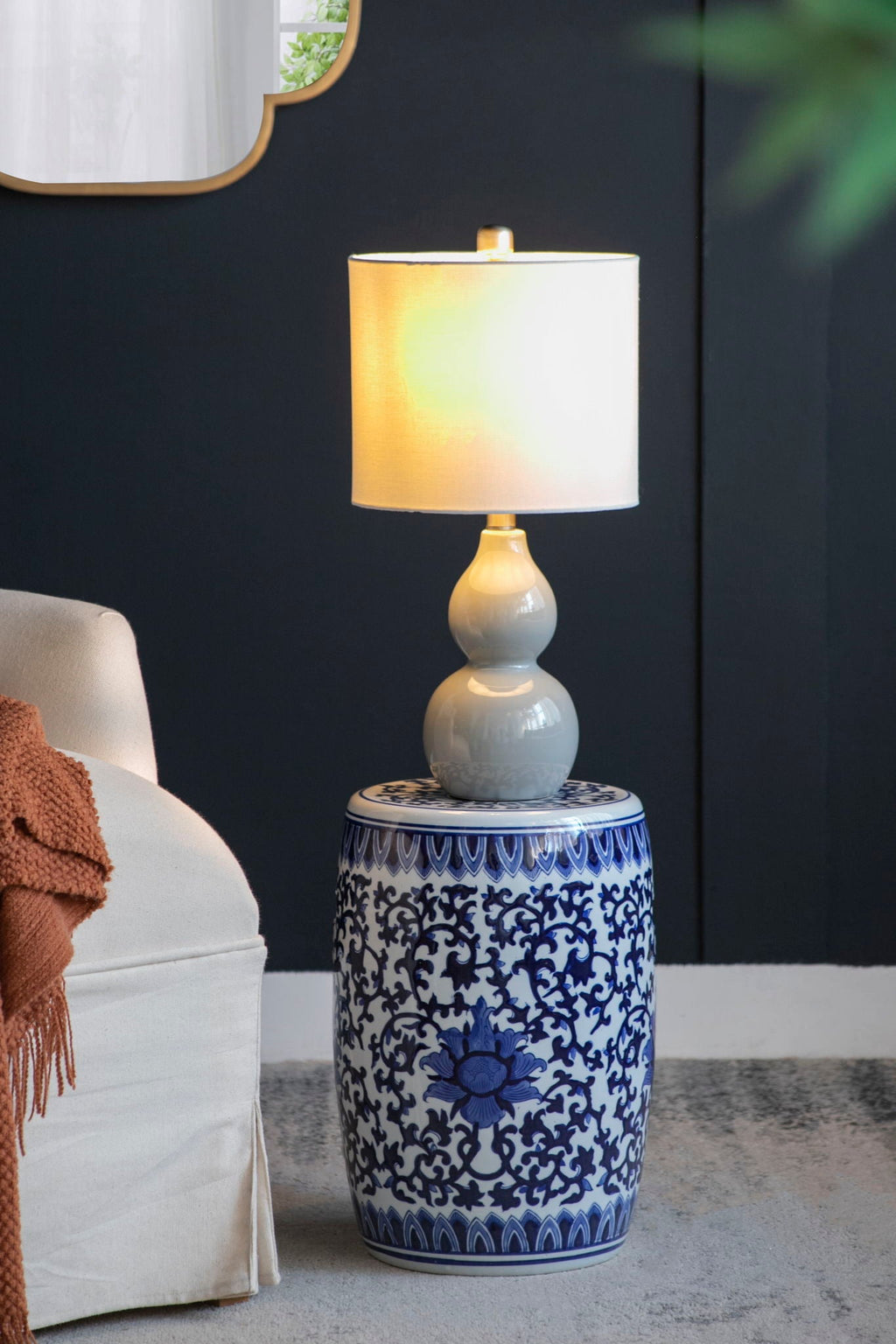 Ceramic Garden Stool, Small Side Tabel - White / Blue by Unique Piece Furniture