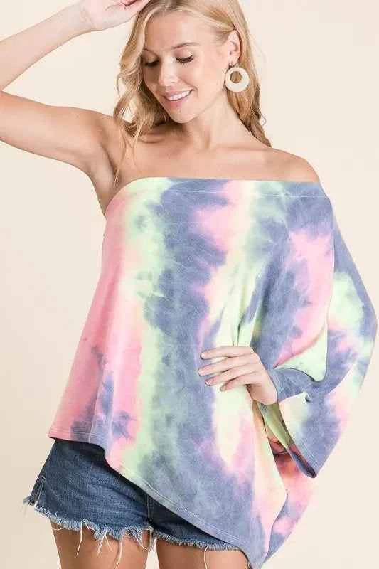 BiBi Tie Dye French Terry One Shoulder Top with Dolman by Wild and Free Boutique