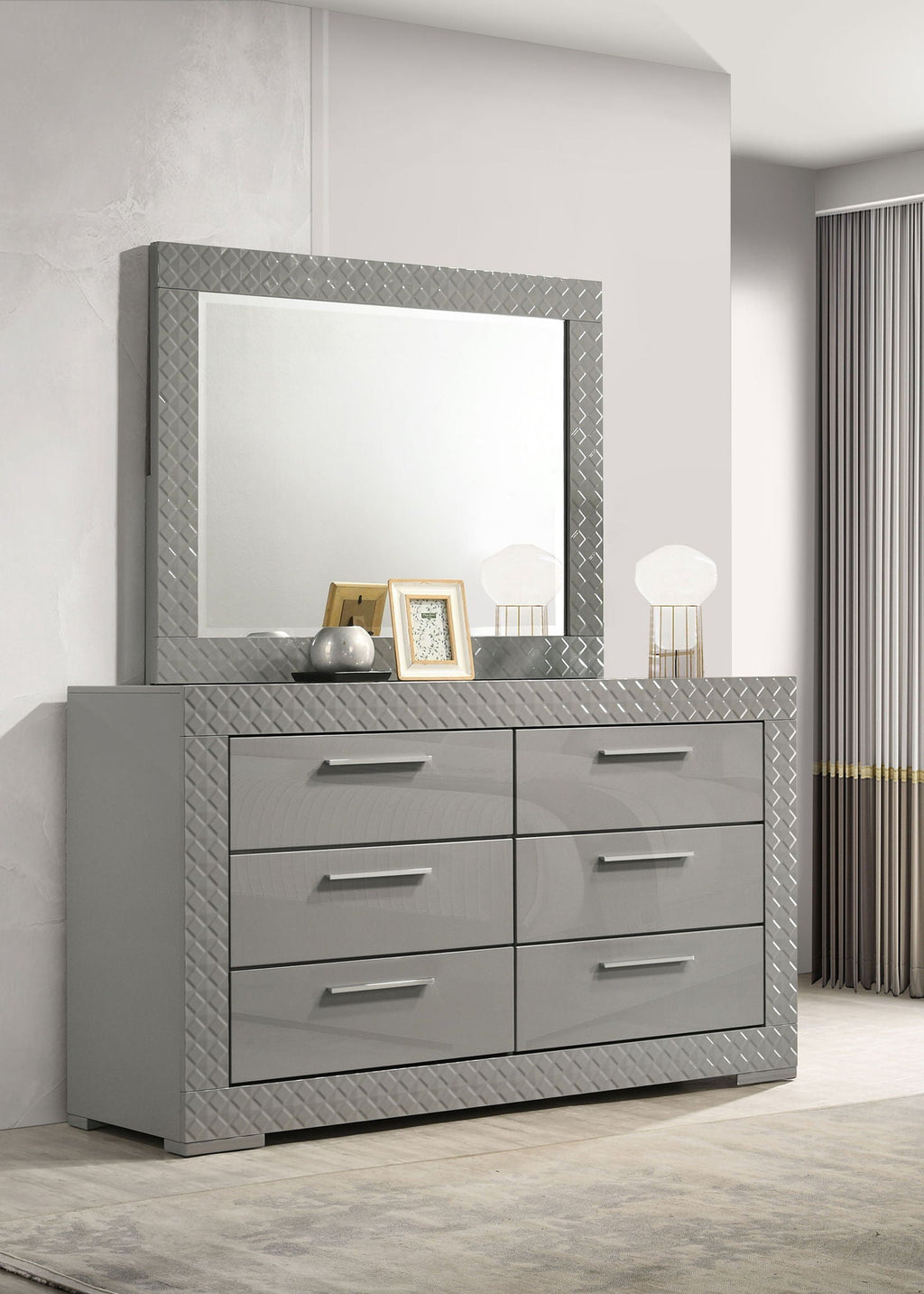 Ives 6-drawer Dresser and Mirror Grey High Gloss by Unique Piece Furniture