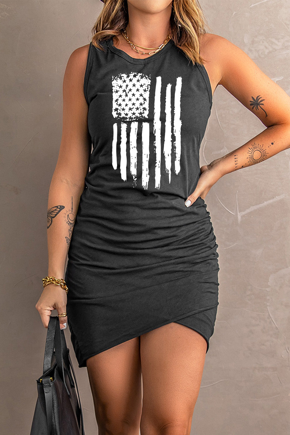 US Flag Graphic Tulip Hem Ruched Sleeveless Dress by Simply Love