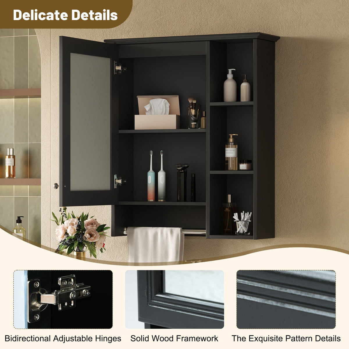 Modern 3 In 1 Bathroom Mirror Cabinet With Adjustable Shelf & Towel Bar by Unique Piece Furniture