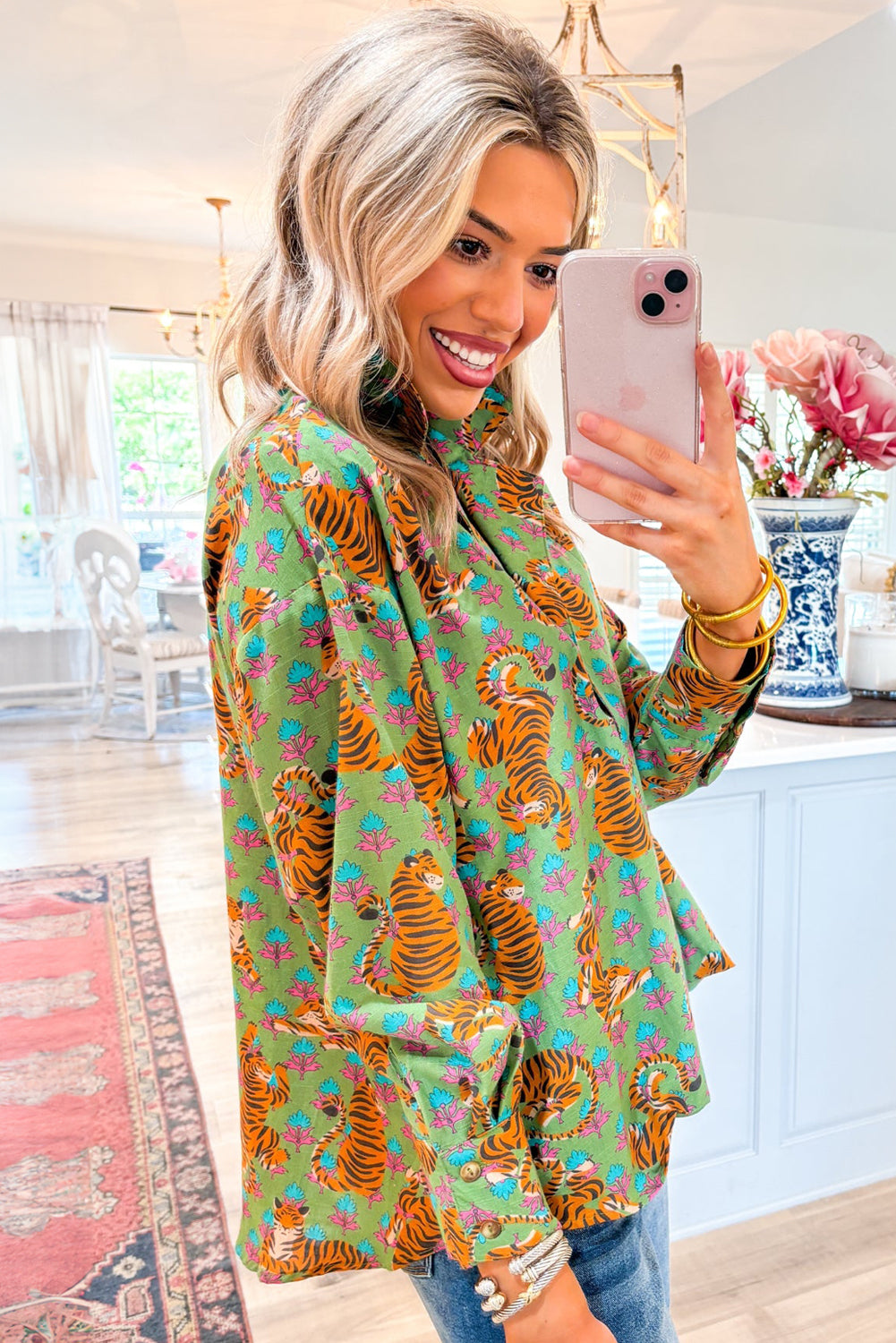 Green Tiger Floral Printed Collared V Neck Casual Shirt by Dear-Lover Dropshipping