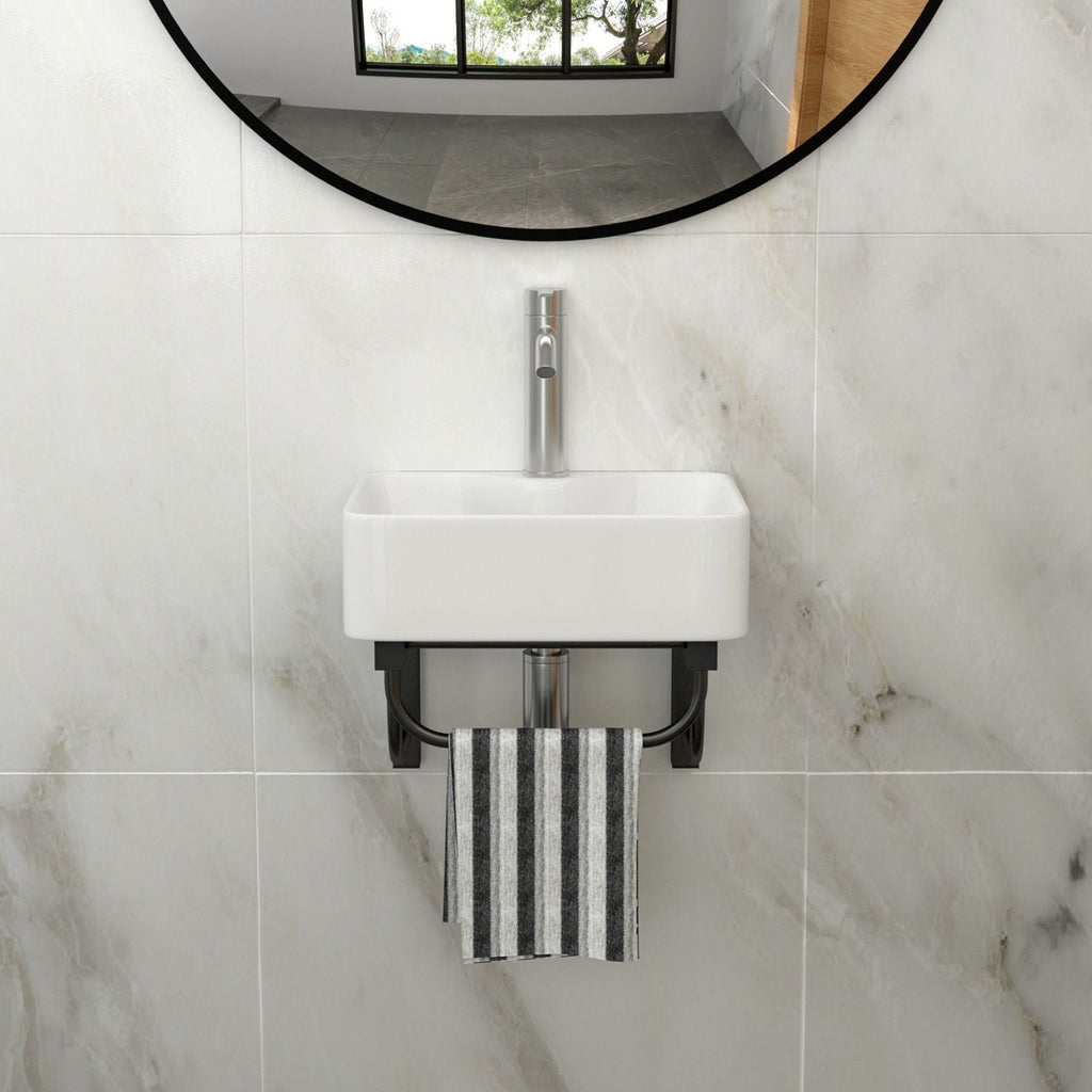 Rectangular Bathroom Sink With Towel Bar & Faucet Hole, Wall Mounted - White by Unique Piece Furniture