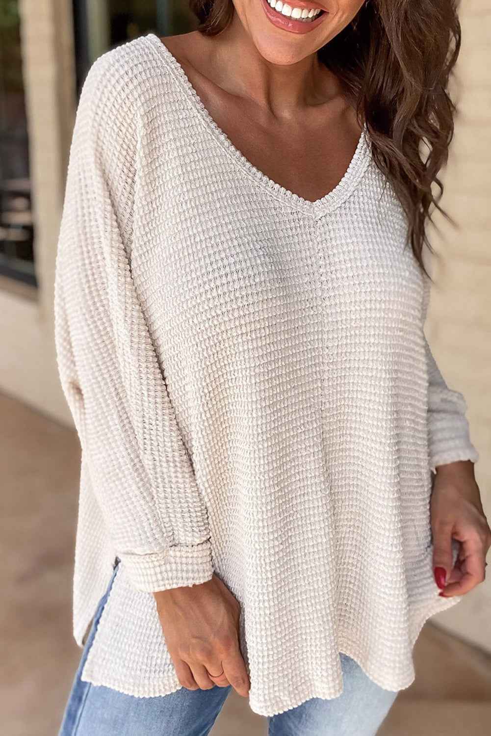 White Waffle Knit Side Slits Loose Fit V Neck Top by Dear-Lover Dropshipping