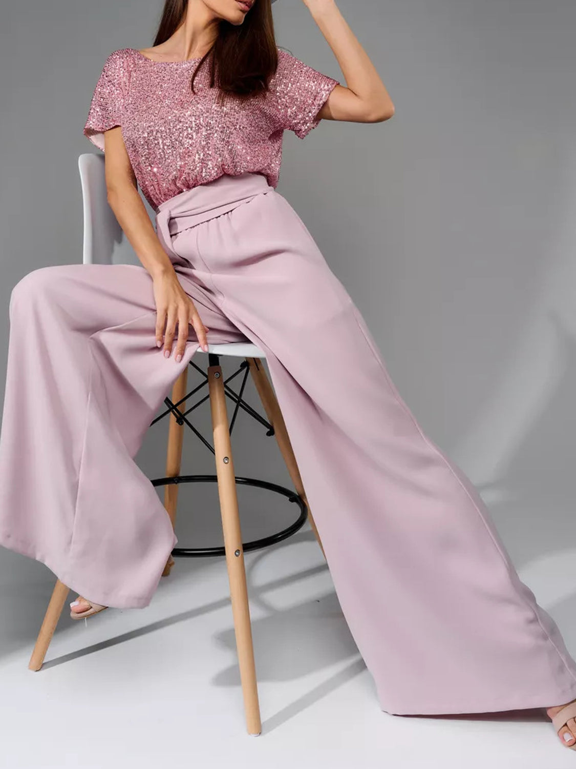 Full Size Sequin Round Neck Short Sleeve Wide Leg Jumpsuit by Wild and Free Boutique