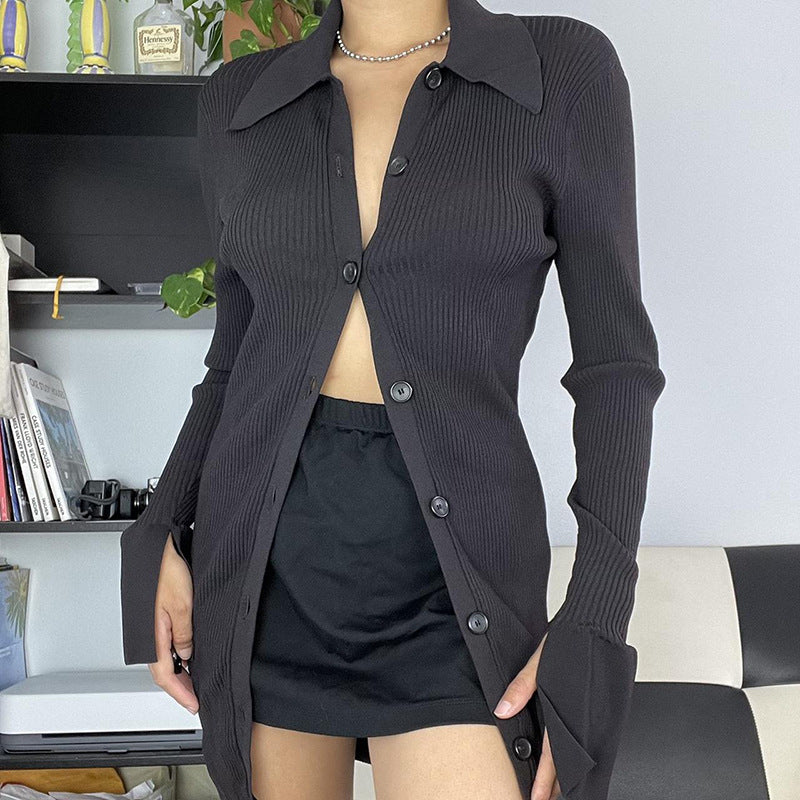 Women's V-Neck Ribbed Knit Button Cardigan Top – Black by FitiqueFit