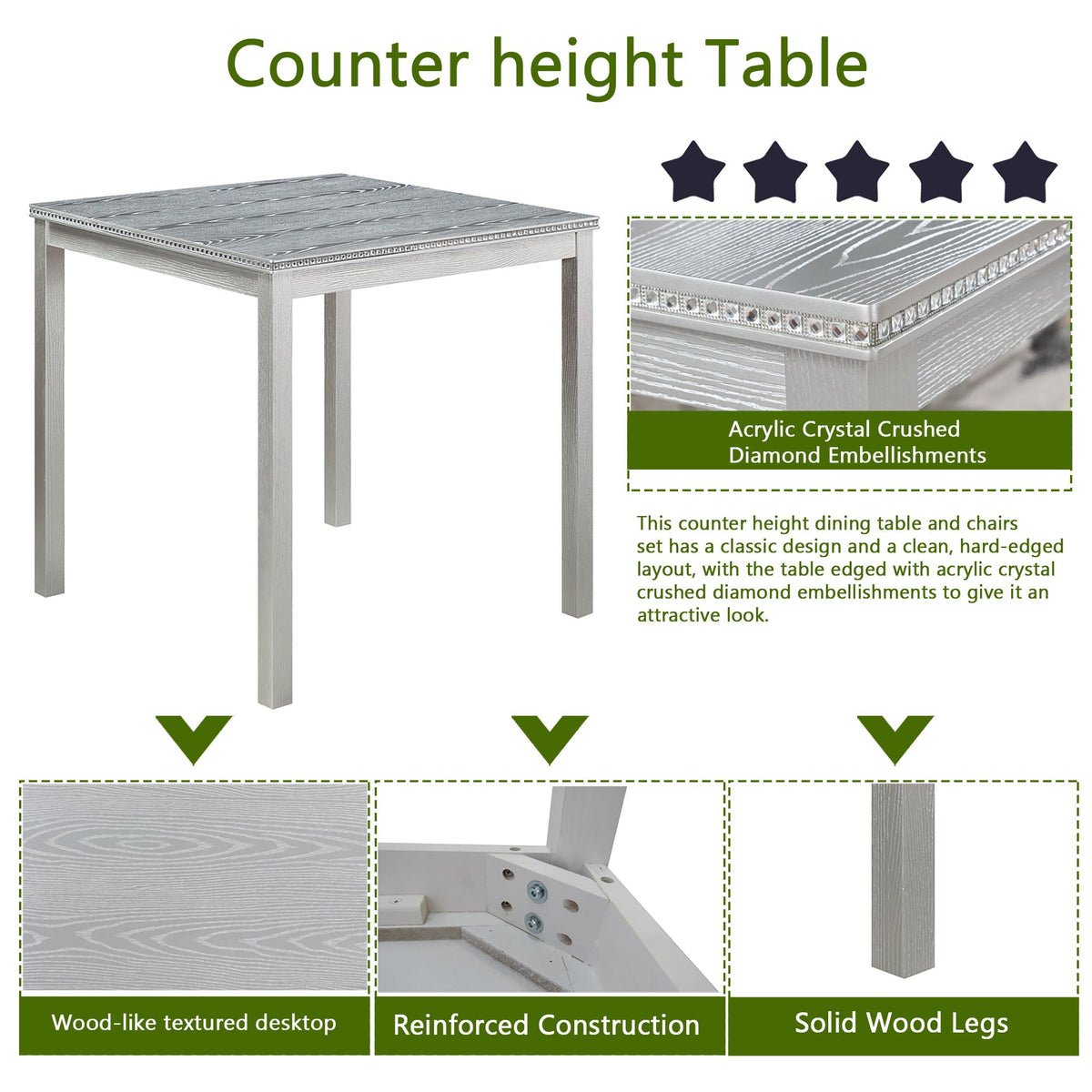 5 Pieces Counter Height Table Set, Kitchen Table With Square Table And 4 Upholstered Chairs by Unique Piece Furniture