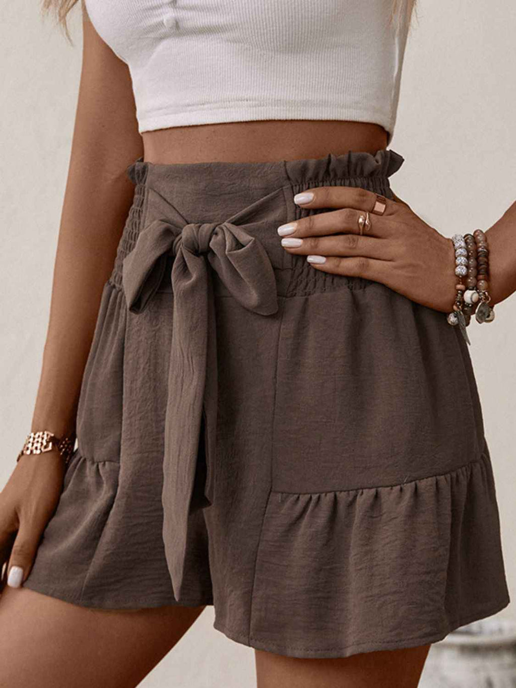 Perfee Tie Front Smocked Waist Shorts by Wild and Free Boutique