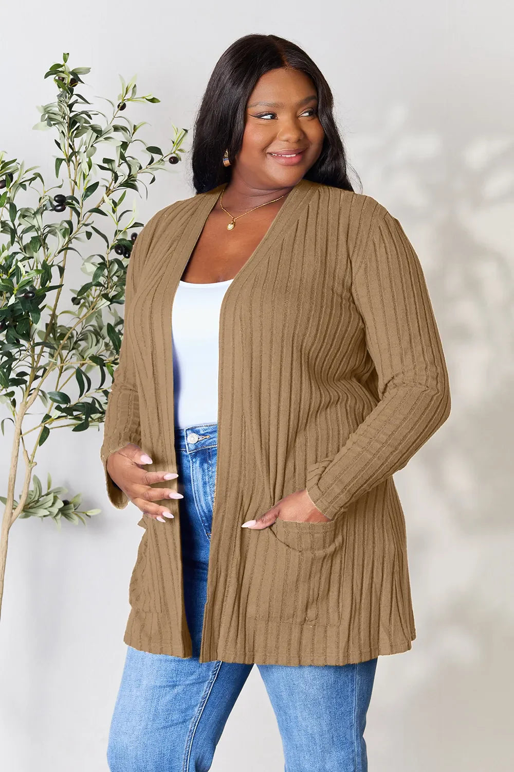 Basic Bae Full Size Ribbed Open Front Cardigan with Pockets by Wild and Free Boutique