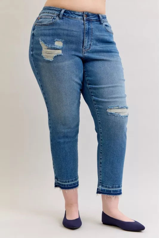 Judy Blue Full Size Mid Rise Bf Patch & Repair Destroy Release Hem Jeans Plus Size by Wild and Free Boutique