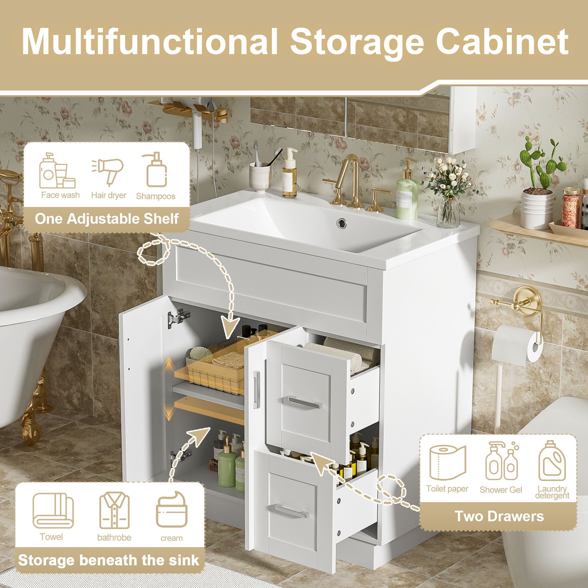 Bathroom Vanity With 2 Doors, 2 Drawers, Adjustable Shelf, Hidden Slides & Soft Close Hinges by Unique Piece Furniture