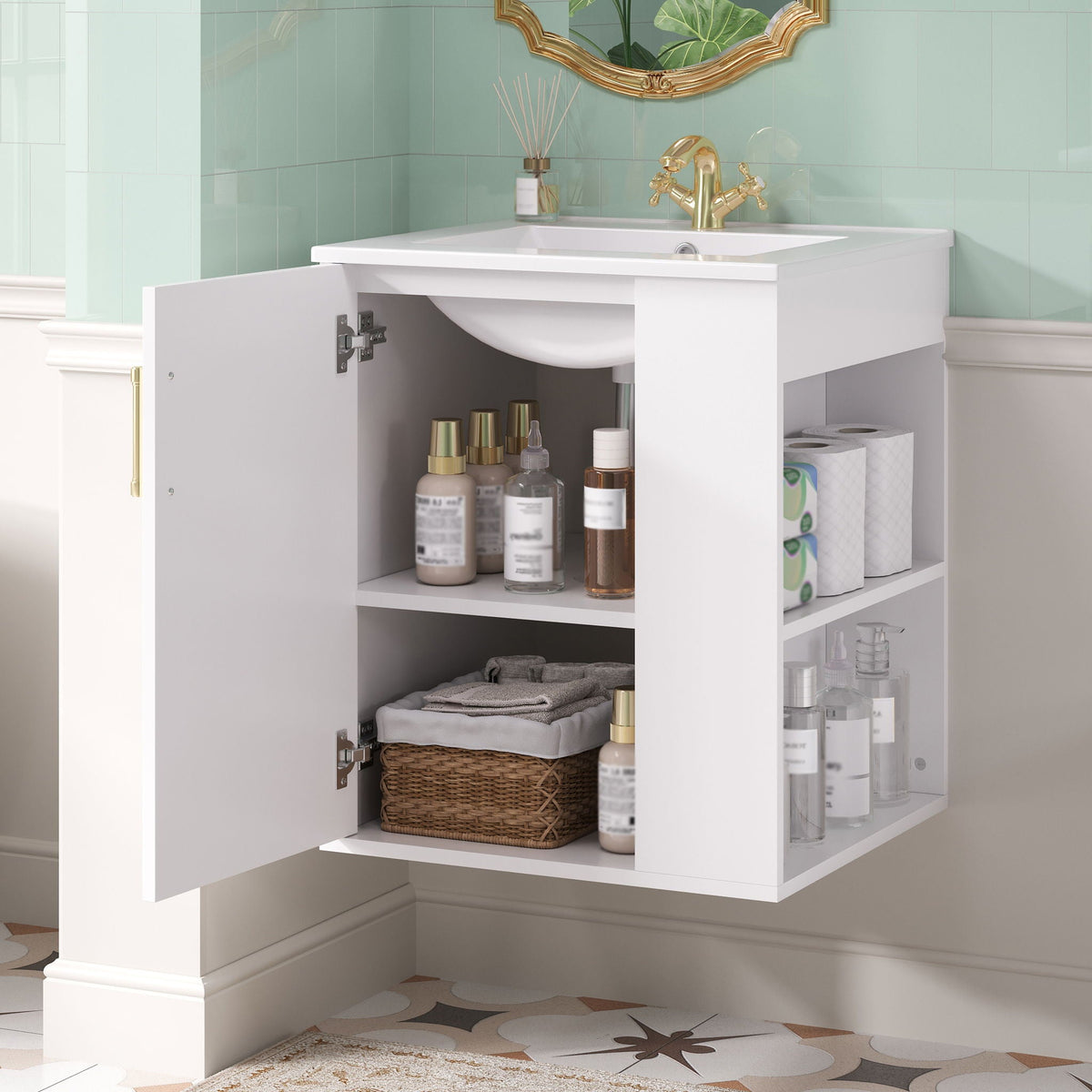 Wall Mounted Bathroom Cabinet With Side Shelf Combo, Vanity With Sink - White by Unique Piece Furniture