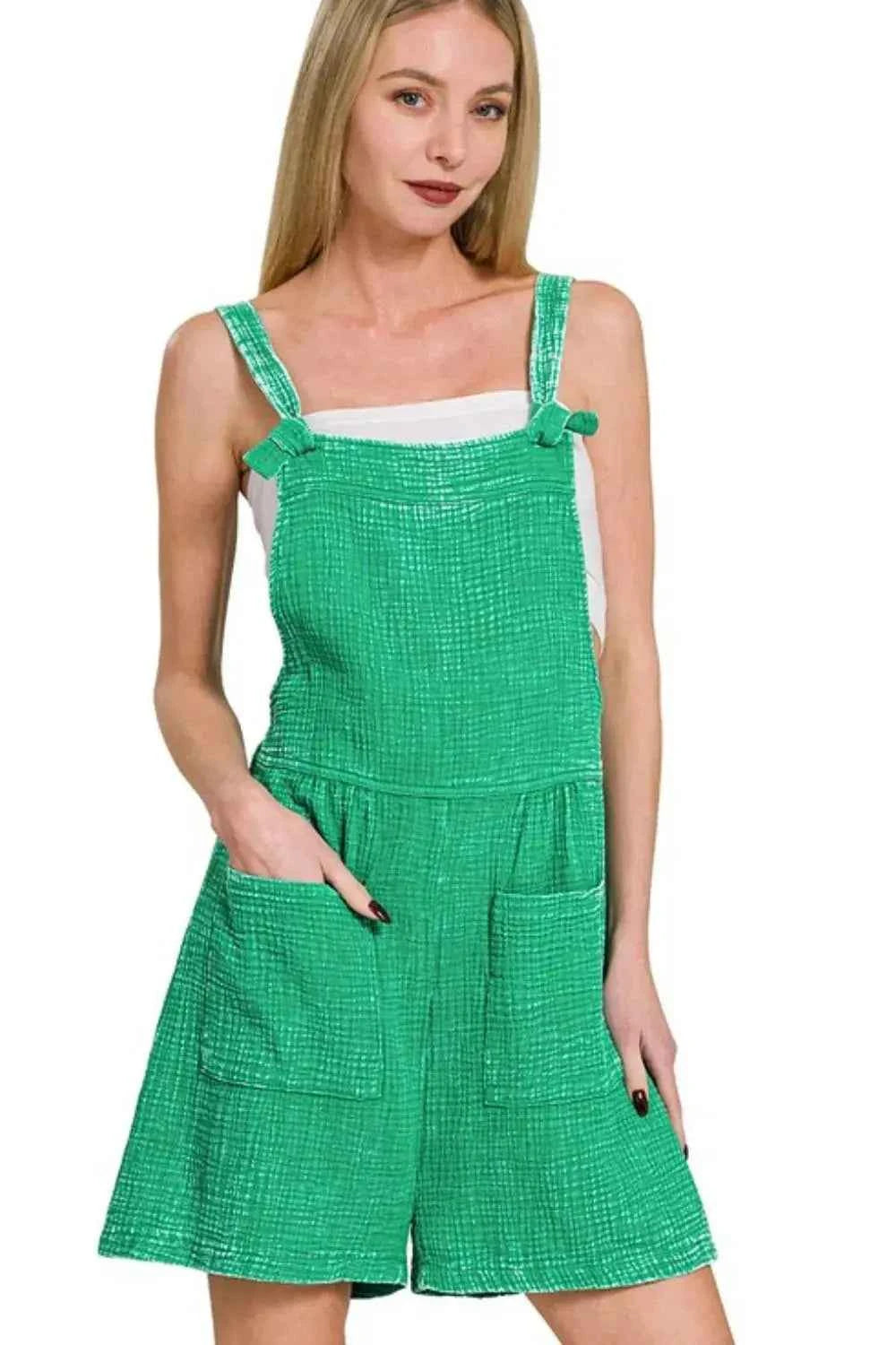 Zenana Woven Green Acid Washed Cotton Gauze Romper with Pockets by Be Bliss Boutique