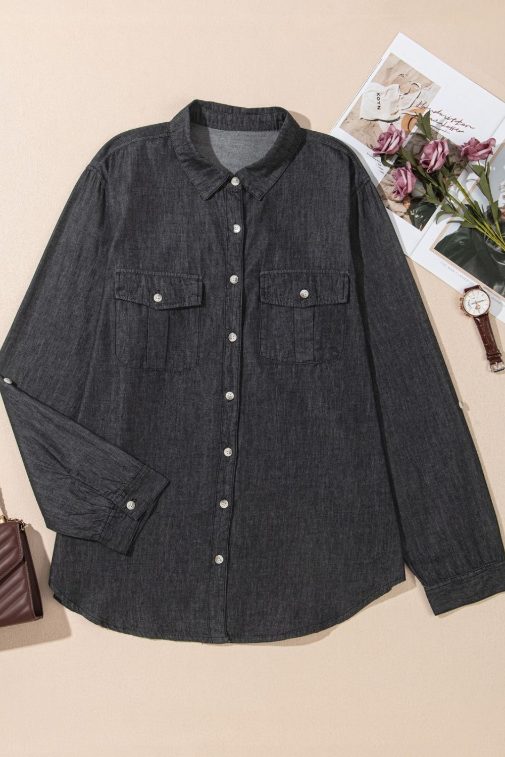 Pocketed Collared Neck Long Sleeve Denim Top by Wild and Free Boutique
