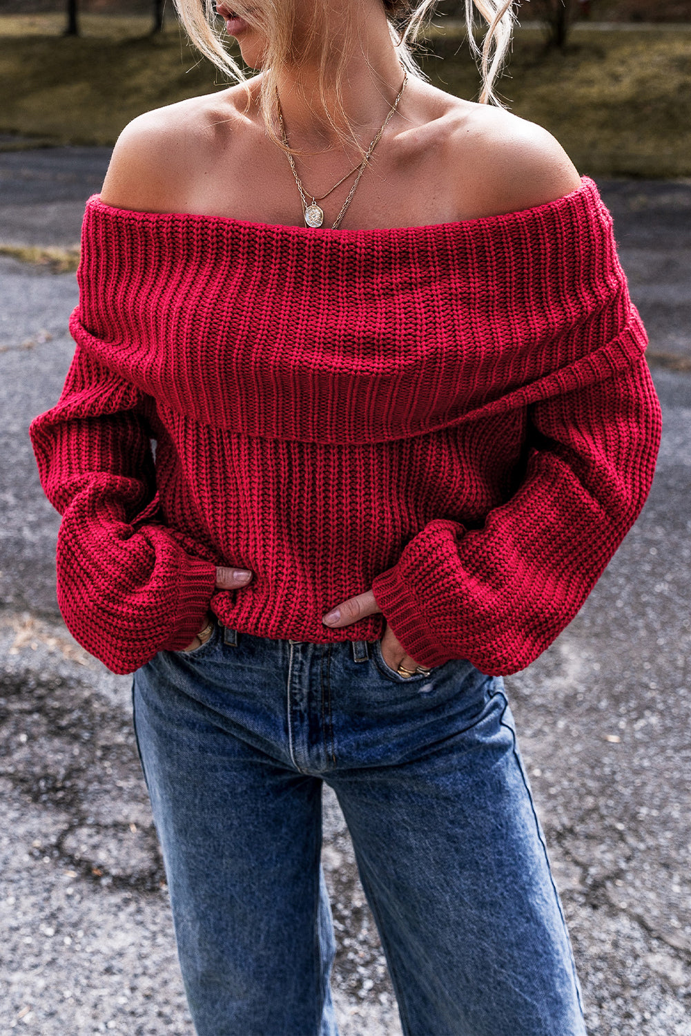 Racing Red Off-the-shoulder Knit Sweater by Dear-Lover Dropshipping