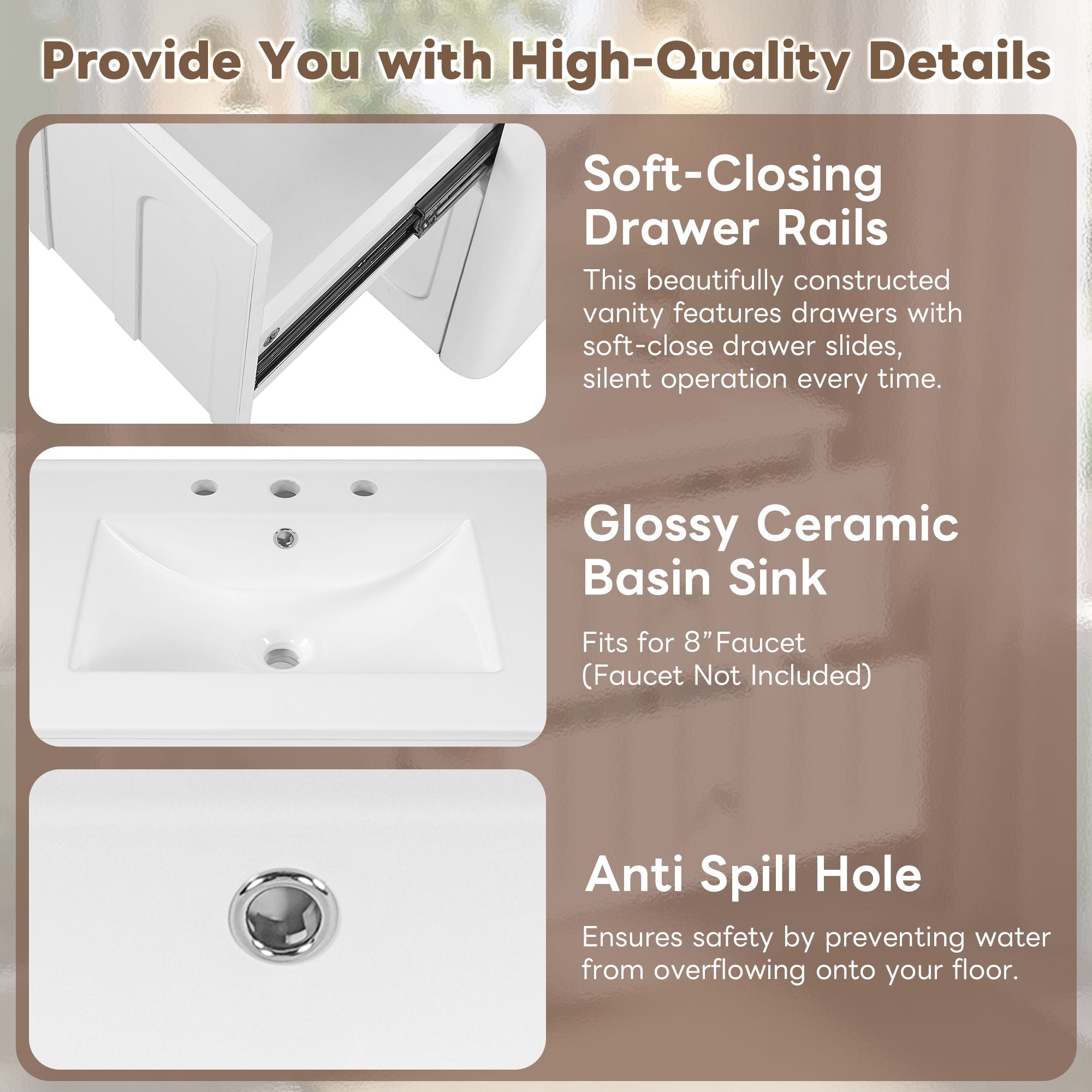 Floating Bathroom Vanity With Oval Knobs & Round Edge, Soft Close Drawer Slides by Unique Piece Furniture