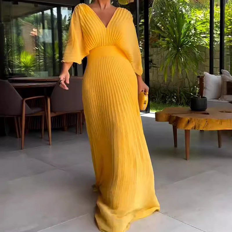 Women's Solid Color And V-neck Bat Sleeve High Waist Dress See size chart under “more details” by The Fashion Celestial