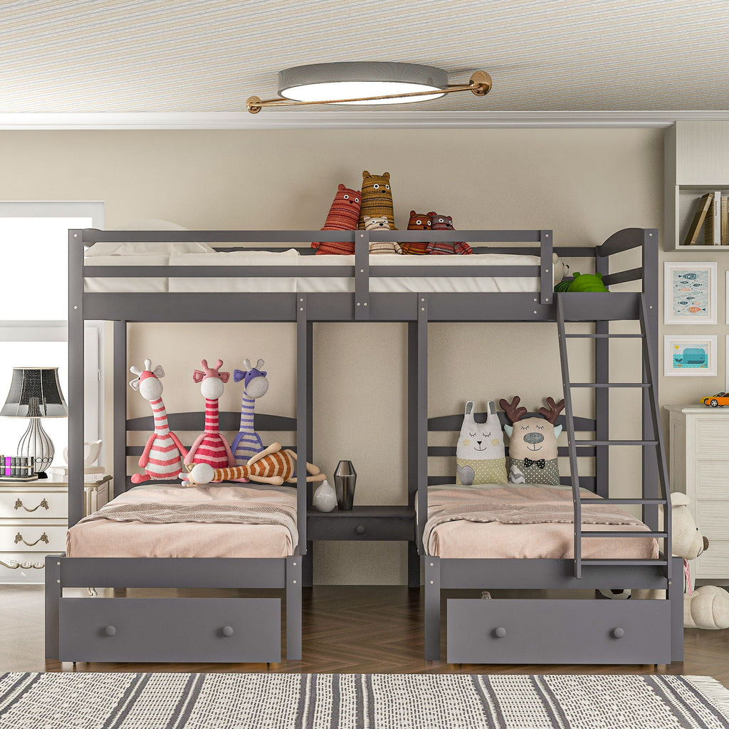 Full Over Twin & Twin Bunk Bed, Triple Bunk Bed With Drawers - Gray by Unique Piece Furniture