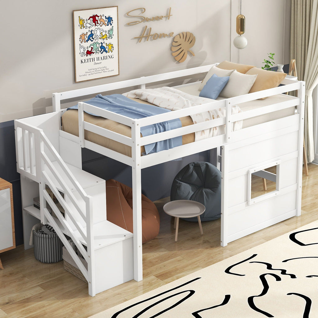 Loft Bed With Storage Staircase, Window & LED Light by Unique Piece Furniture