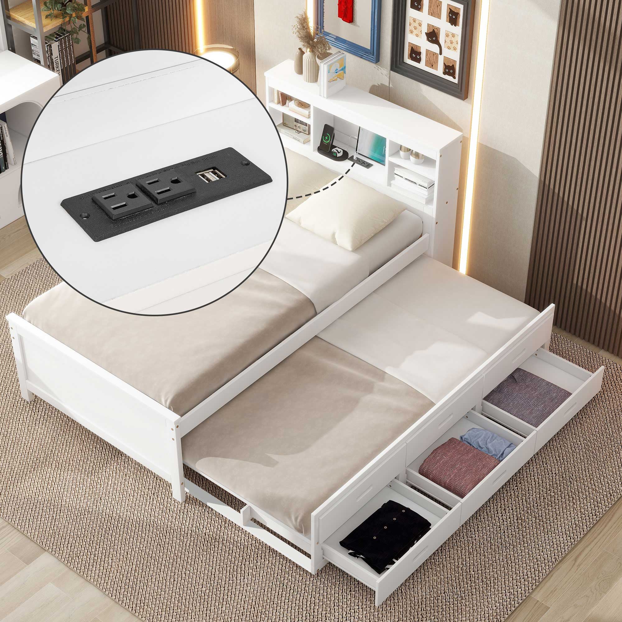 Platform Bed With Storage Headboard, USB, Trundle And 3 Drawers by Unique Piece Furniture