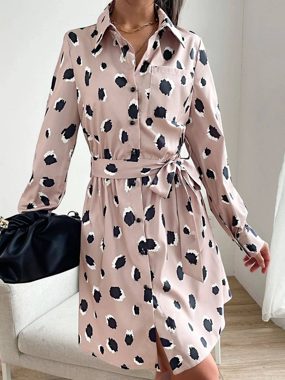 Printed Long Sleeve Mini Shirt Dress by Simply Love