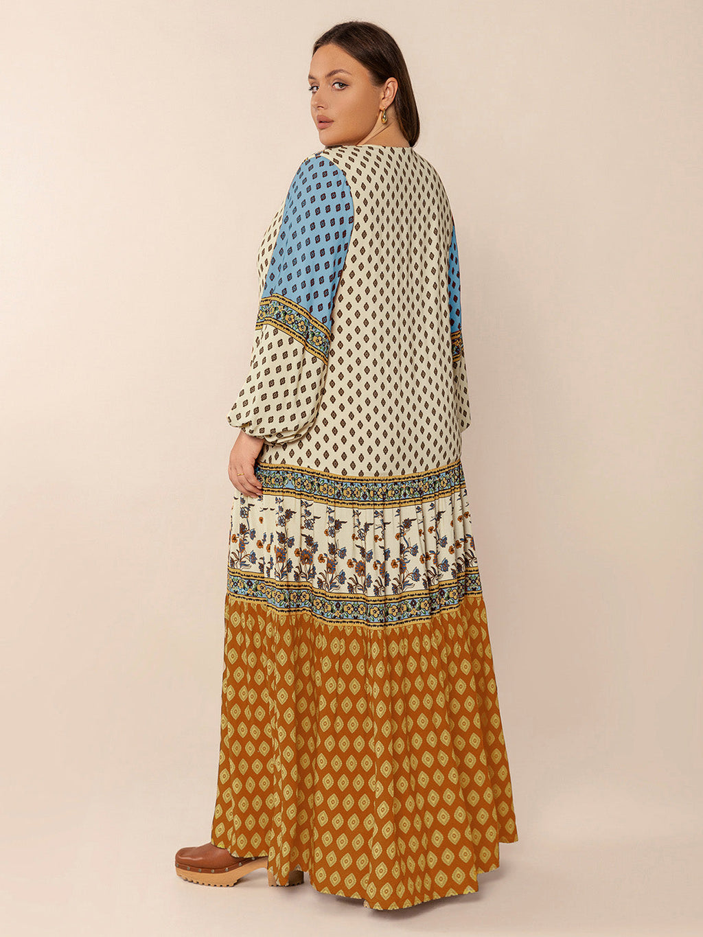 Plus Size Printed V-Neck Balloon Sleeve Maxi Dress by Wild and Free Boutique