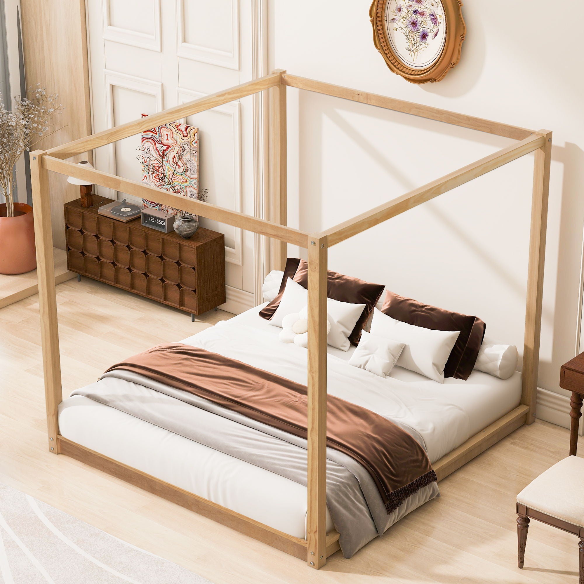 Wood Canopy Platform Bed With Support Legs And Airflow Slats by Unique Piece Furniture