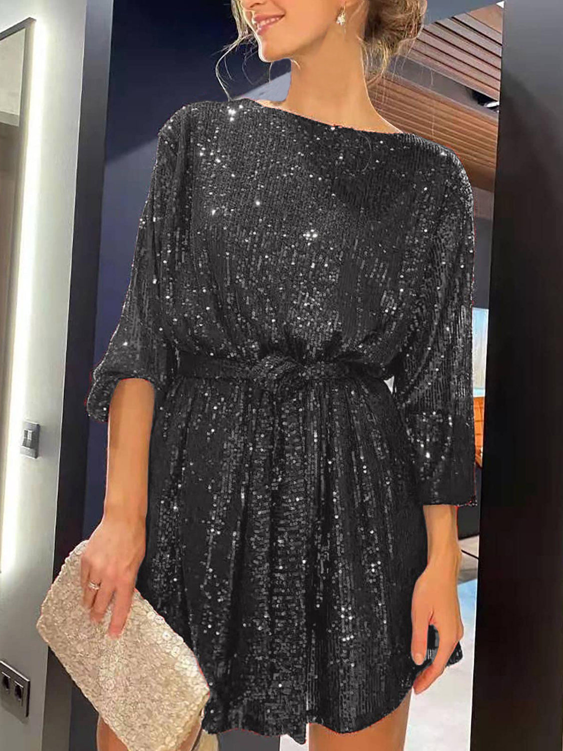 Sequin Tie Waist Long Sleeve Mini Dress by Wild and Free Boutique