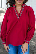 Racing Red Leopard Jacquard Print V Neck Textured Blouse by Wild and Free Boutique