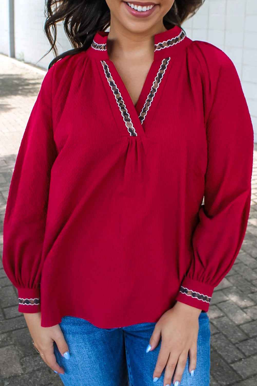 Racing Red Leopard Jacquard Print V Neck Textured Blouse by Wild and Free Boutique
