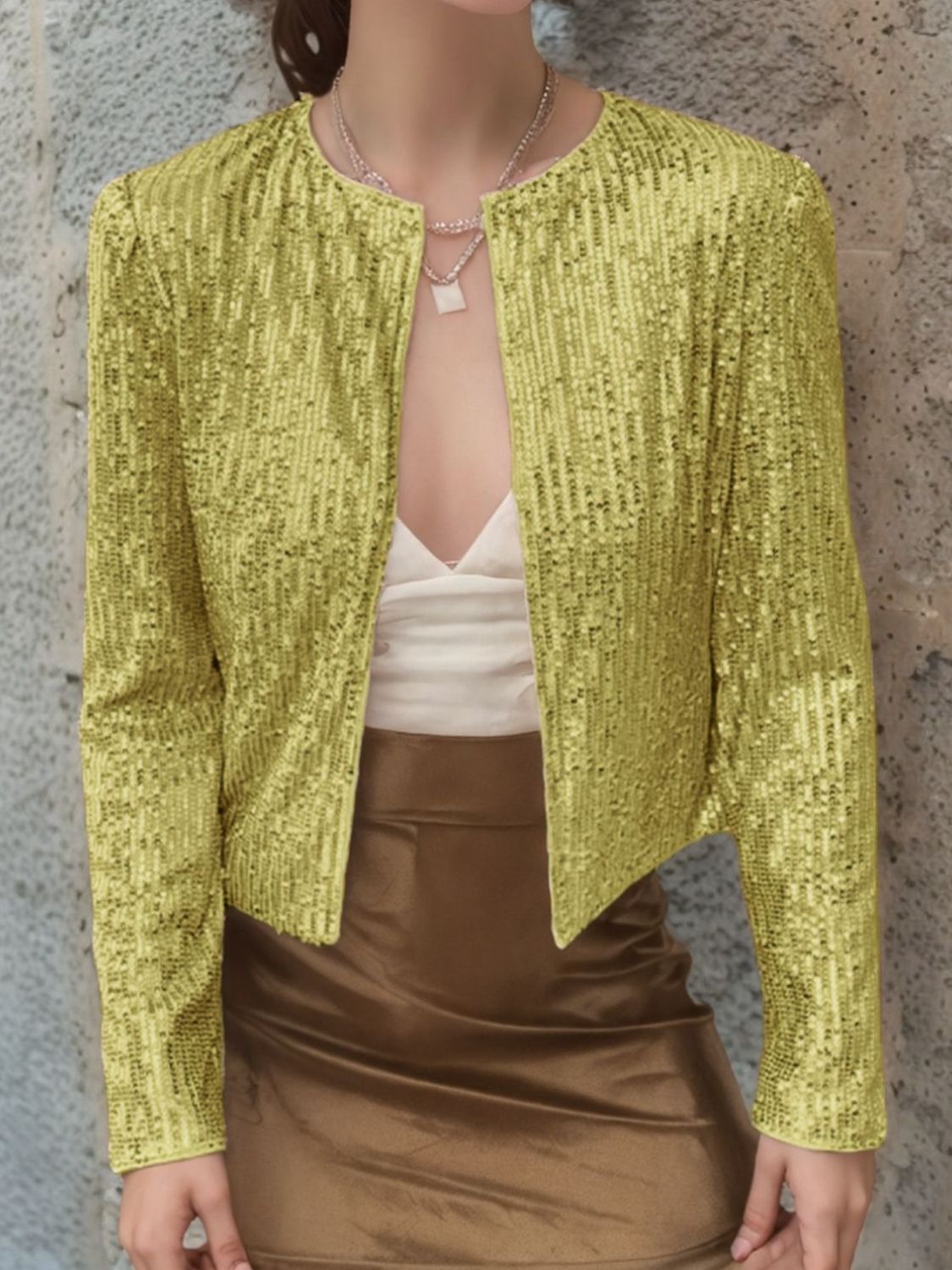 Full Size Sequin Open Front Cropped Jacket by Wild and Free Boutique