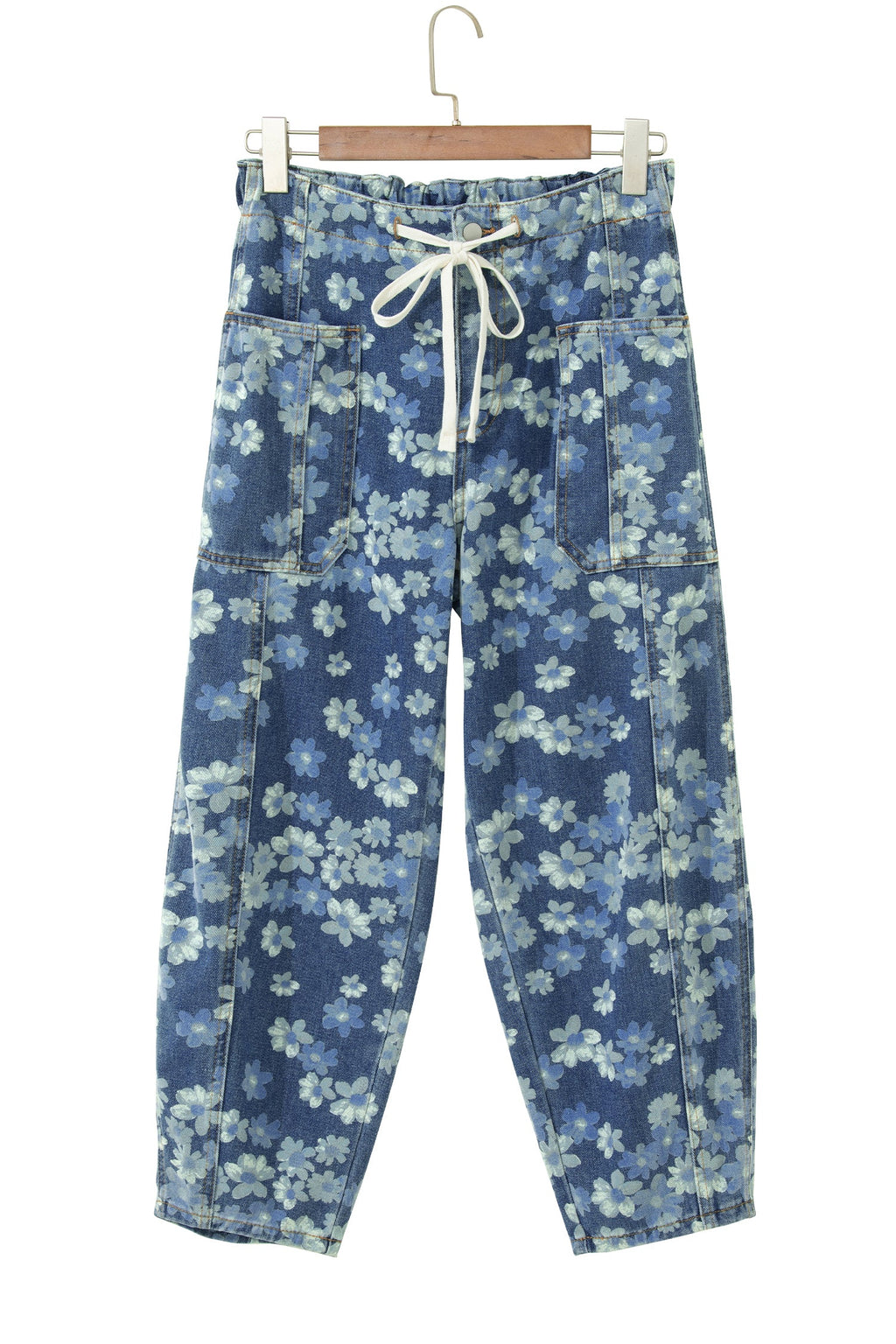 Sky Blue Dainty Floral Printed Drawstring Barrel Jeans by Wild and Free Boutique