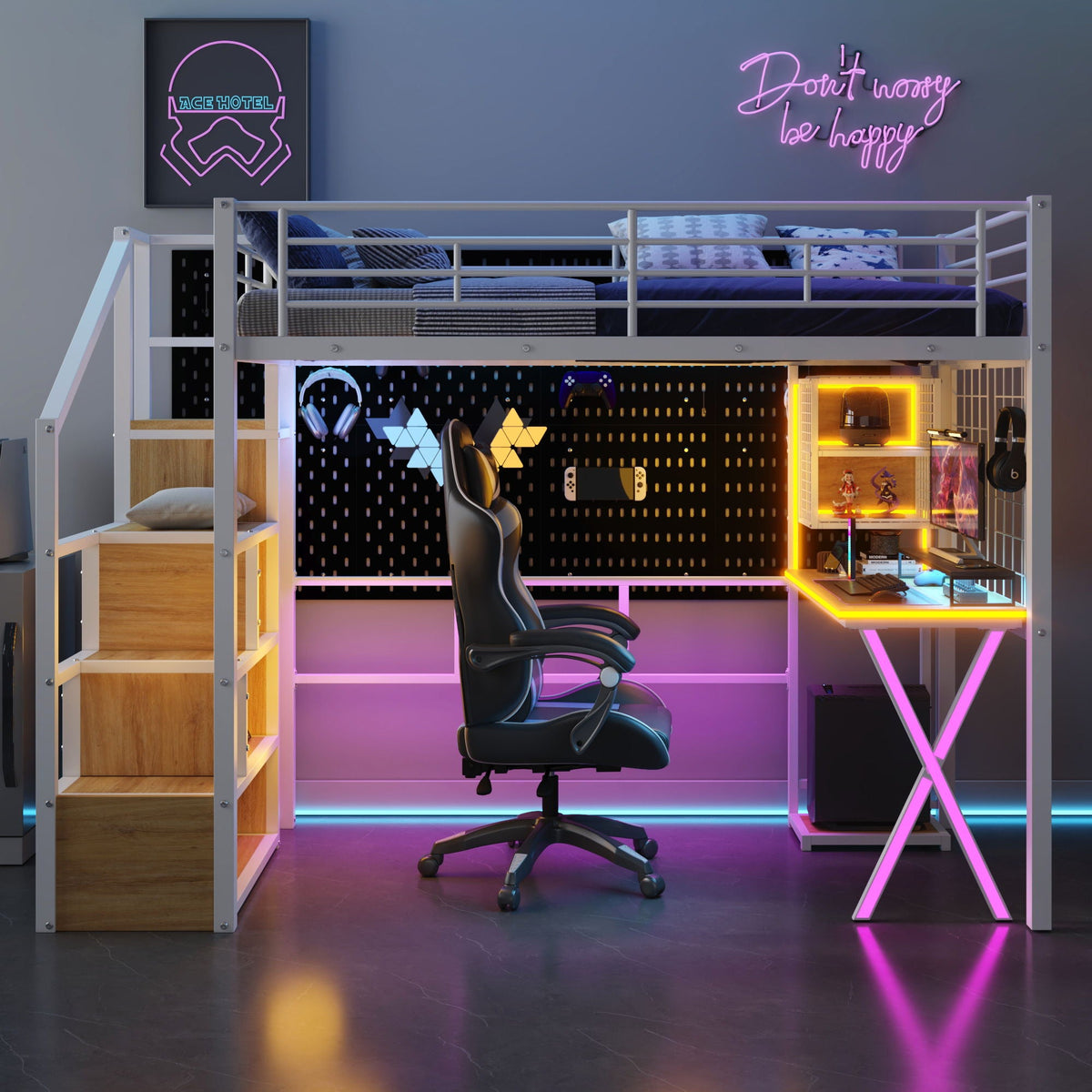 Loft Bed With Built In Work Station, Wardrobe, Storage Staircase And LED by Unique Piece Furniture