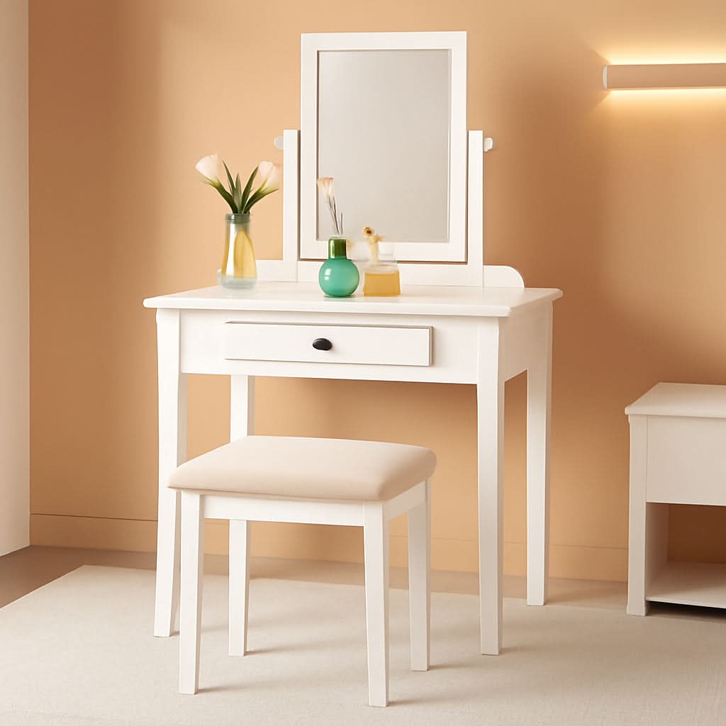 White Transitional Vanity Table and Stool Set for Bedroom by ShipItFurniture