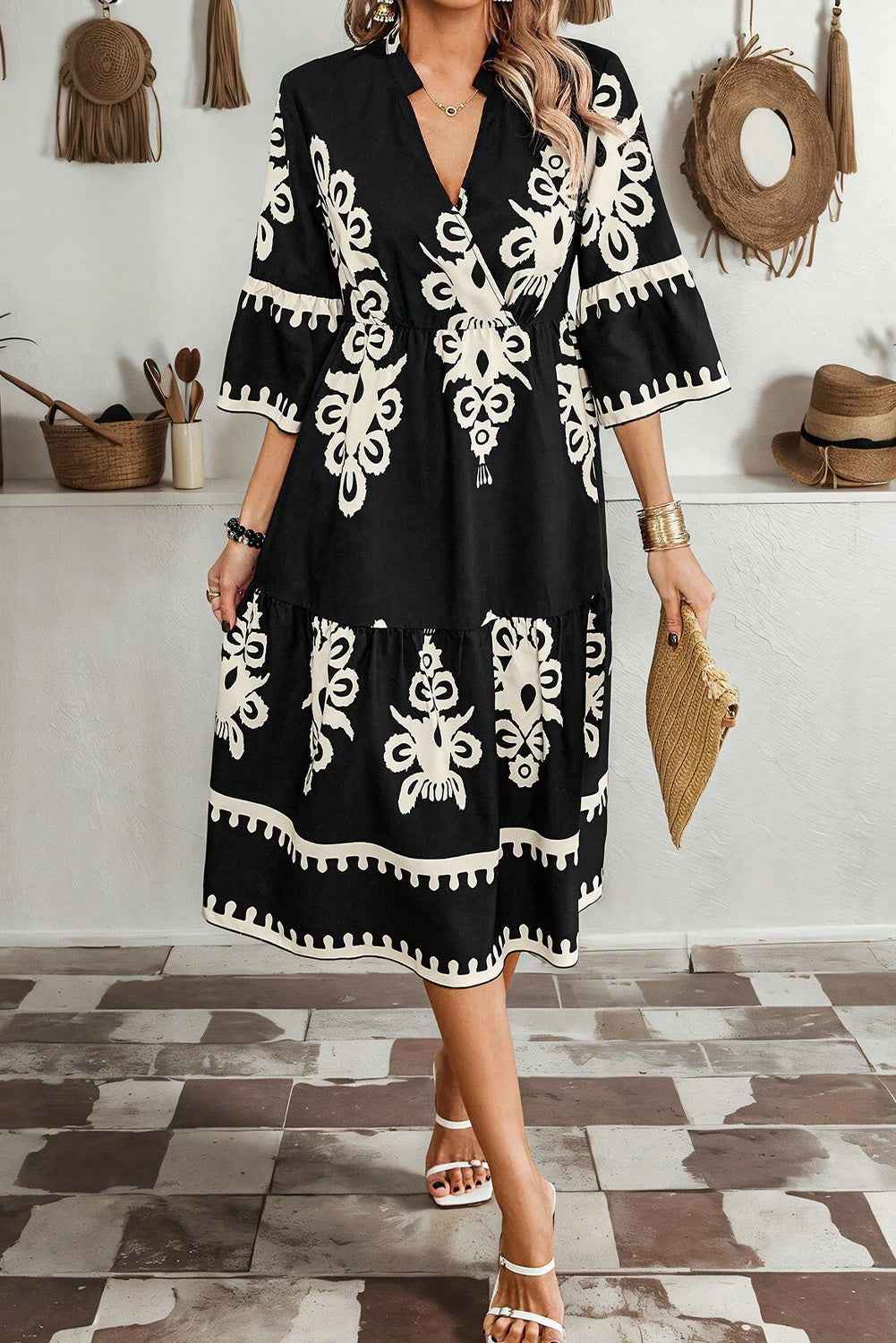 Black Western Geometric Print 3/4 Sleeve Loose Midi Dress by Wild and Free Boutique