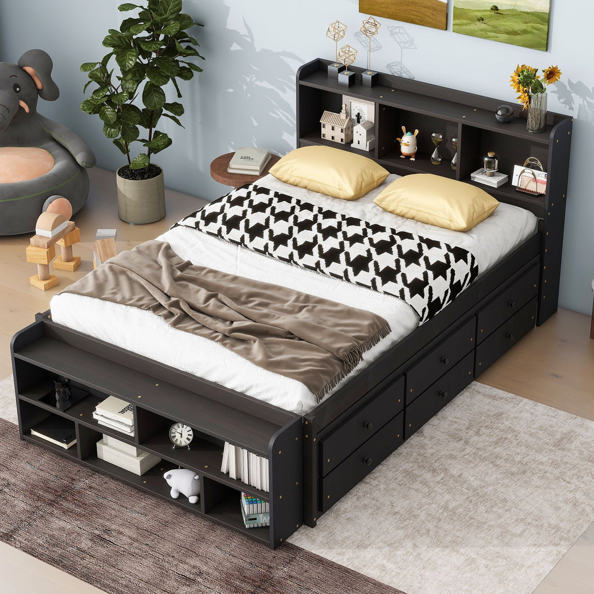 Bed With Bookcase Headboard, Under Bed Storage Drawers And Bed End Storage Case by Unique Piece Furniture