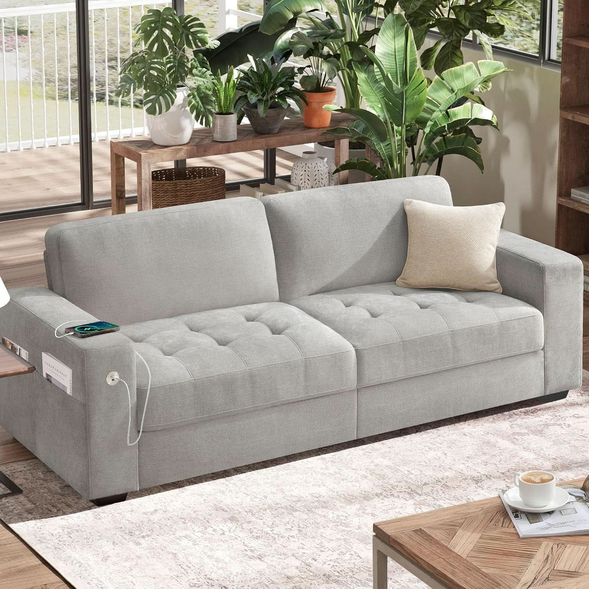 70 Inch Gray Chenille Loveseat With USB C Ports And Plush Cushions by ShipItFurniture