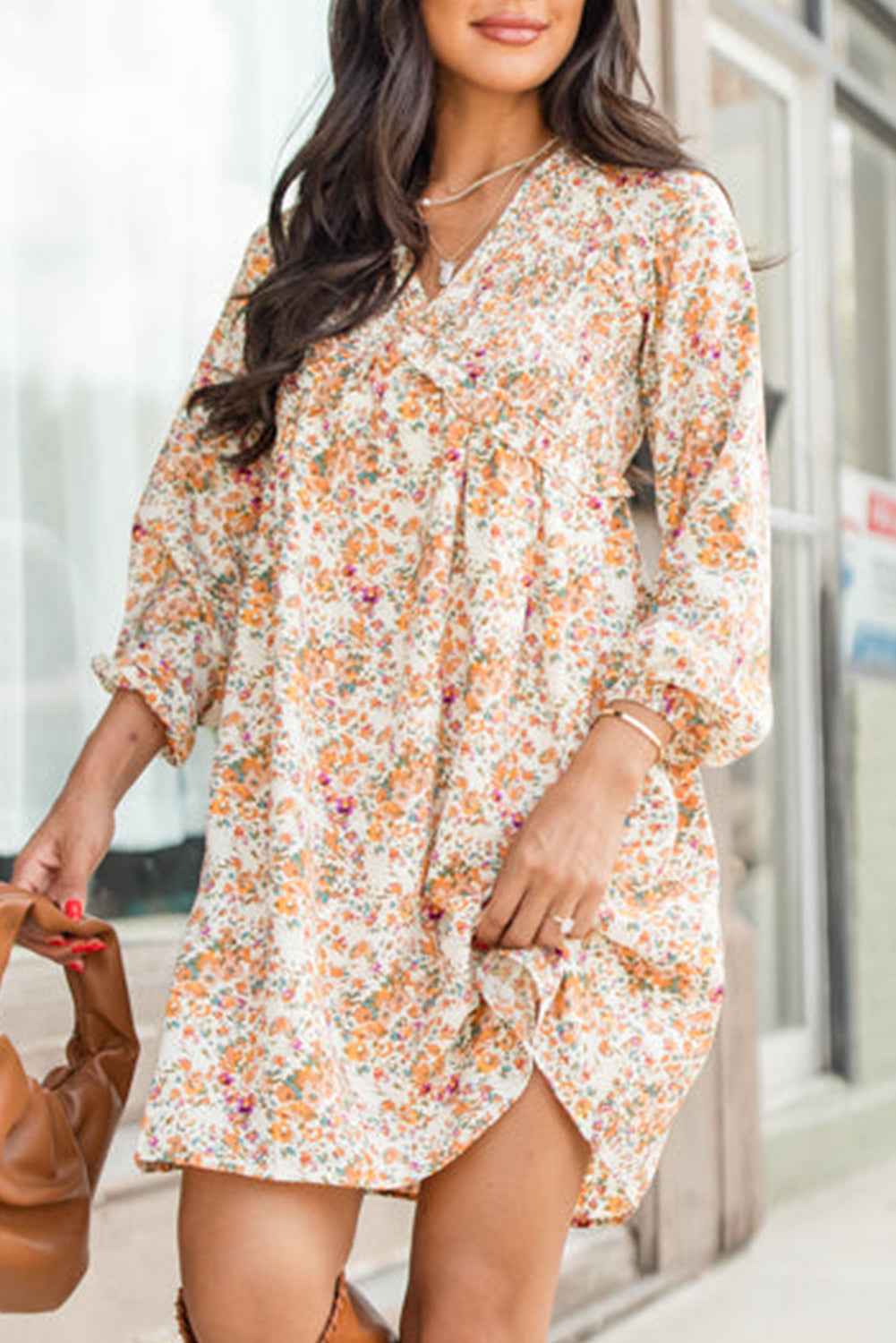 Yellow Boho Floral V Neck Ruffled Empire Waist Long Sleeve Mini Dress by Wild and Free Boutique