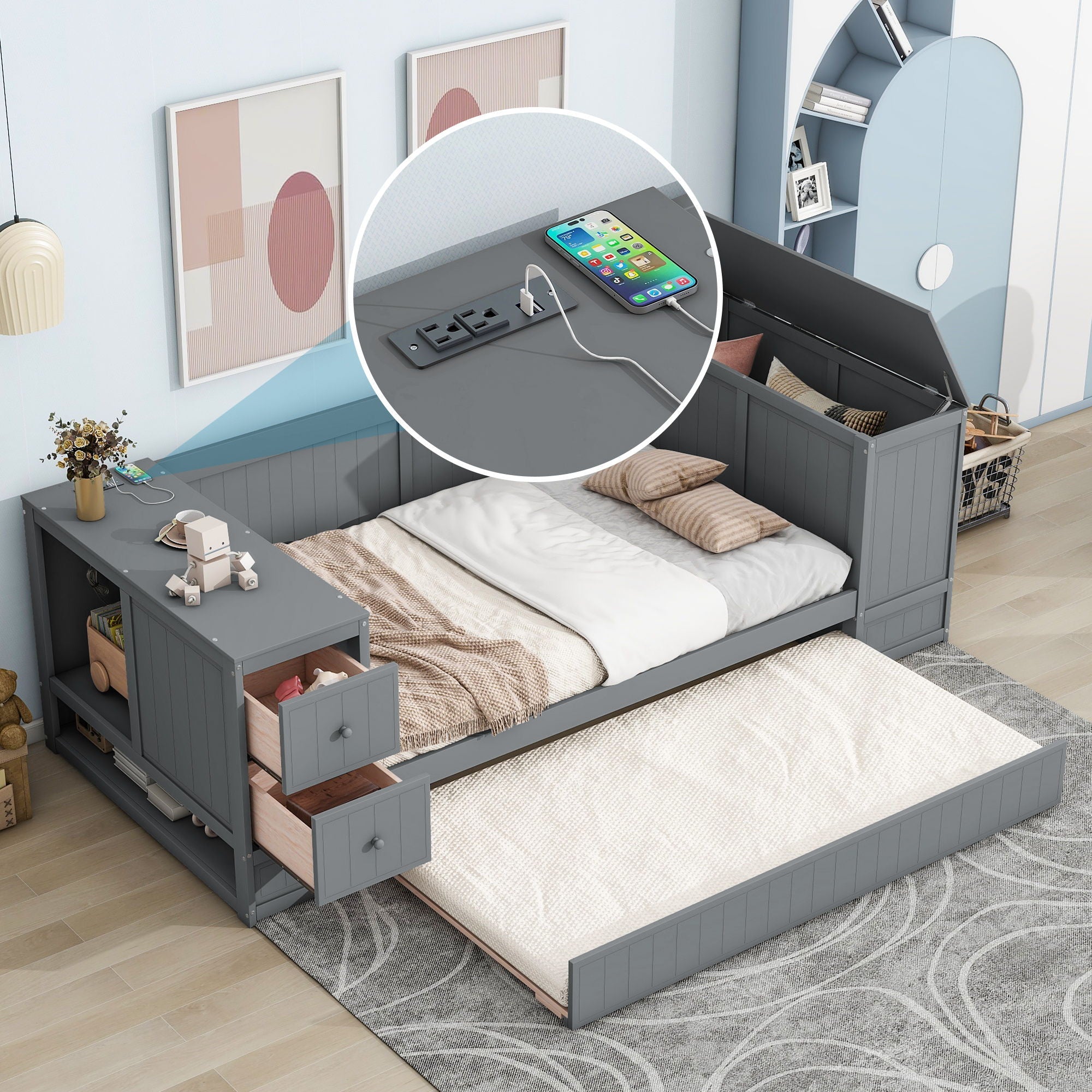 Daybed With Storage Arms, Trundle And Charging Station by Unique Piece Furniture