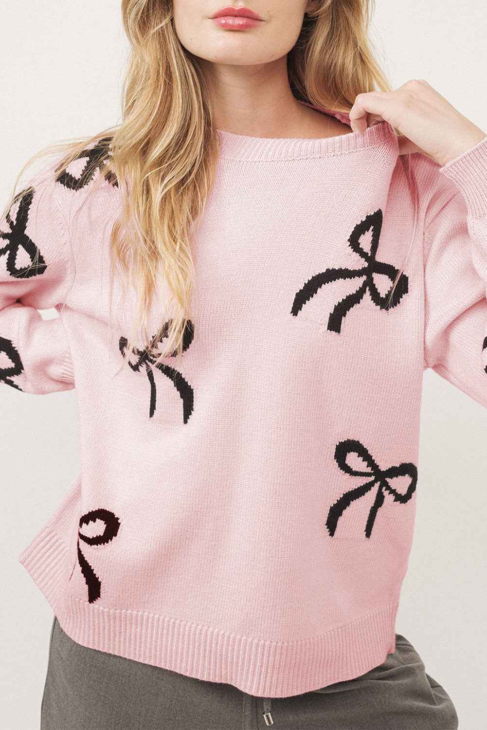 Light Pink Bow Pattern Knitted Loose Fit Sweater by Wild and Free Boutique