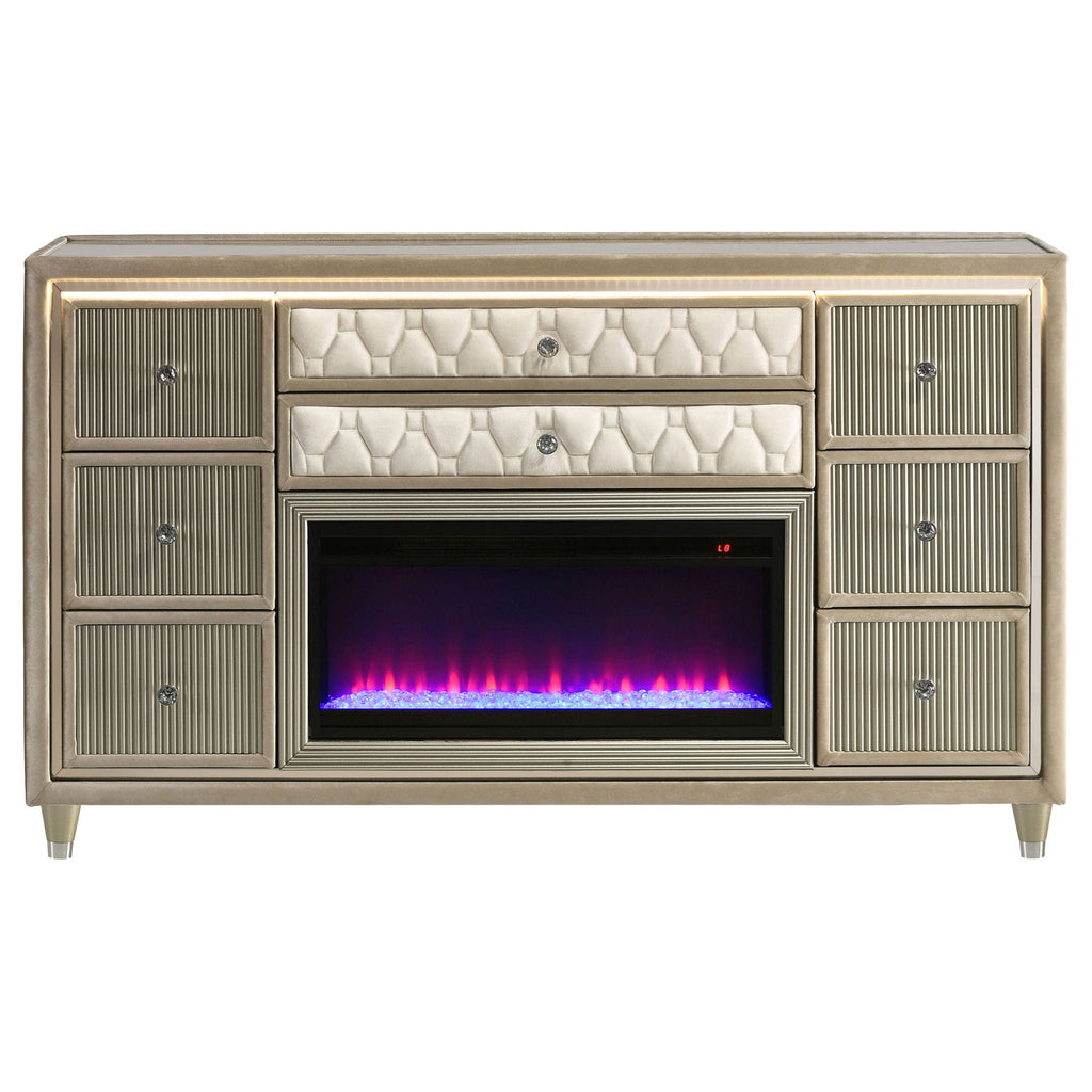 Lorient 8-drawer LED Bedroom Flame Box Dresser Ivory Camel by Unique Piece Furniture