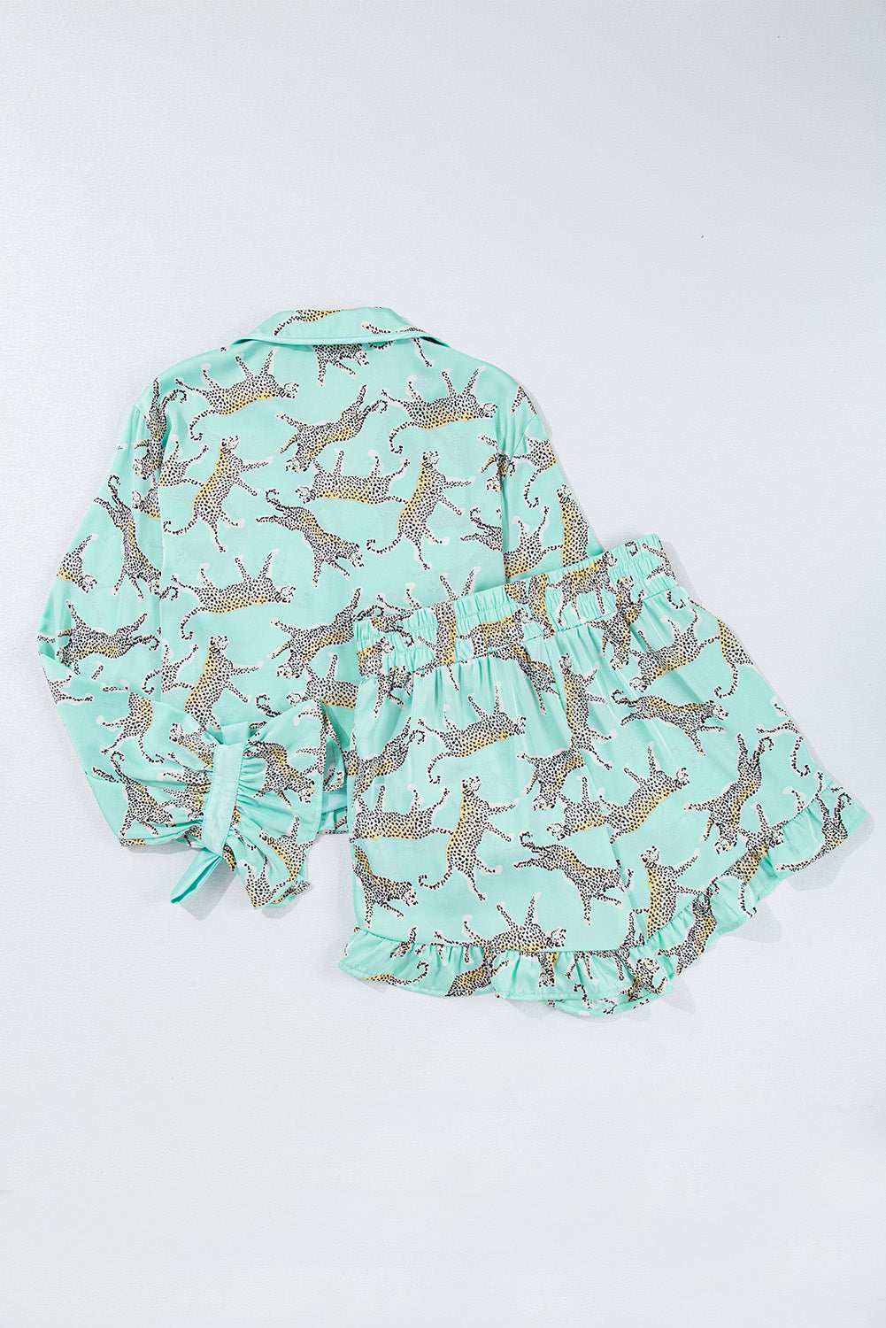 Green Leopard Satin Ruffle Pajama Short Set by Dear-Lover Dropshipping