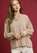 Umgee Linen Scallop Hem Long Sleeve Blouse | Fitiquefit by FitiqueFit