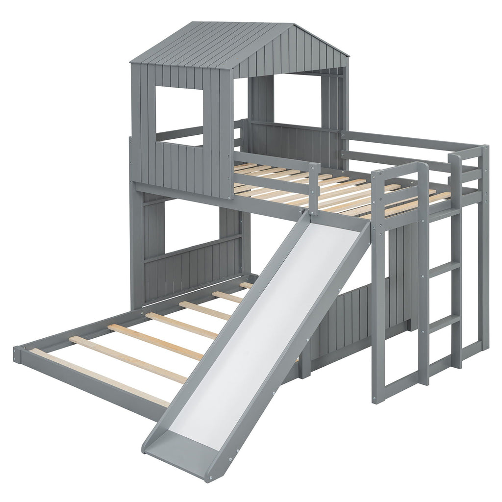 Loft Bunk Bed With Playhouse, Farmhouse, Ladder, Slide And Guardrails by Unique Piece Furniture
