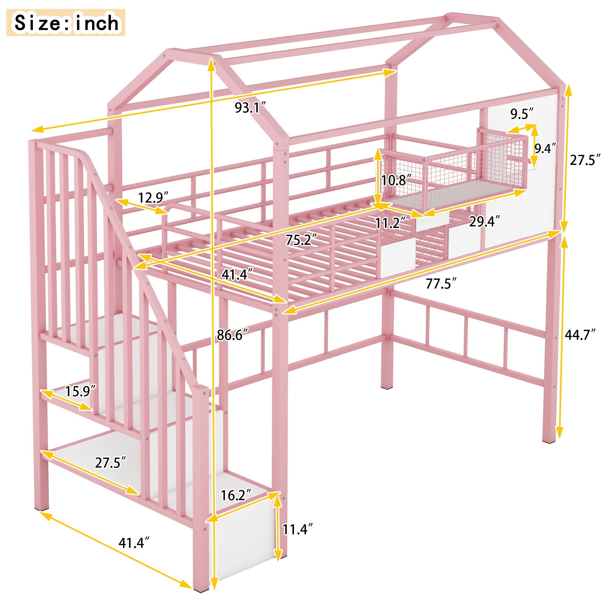 Metal Loft Bed With Roof Design And Storage Box With Guardrails And Integrated Ladder by Unique Piece Furniture