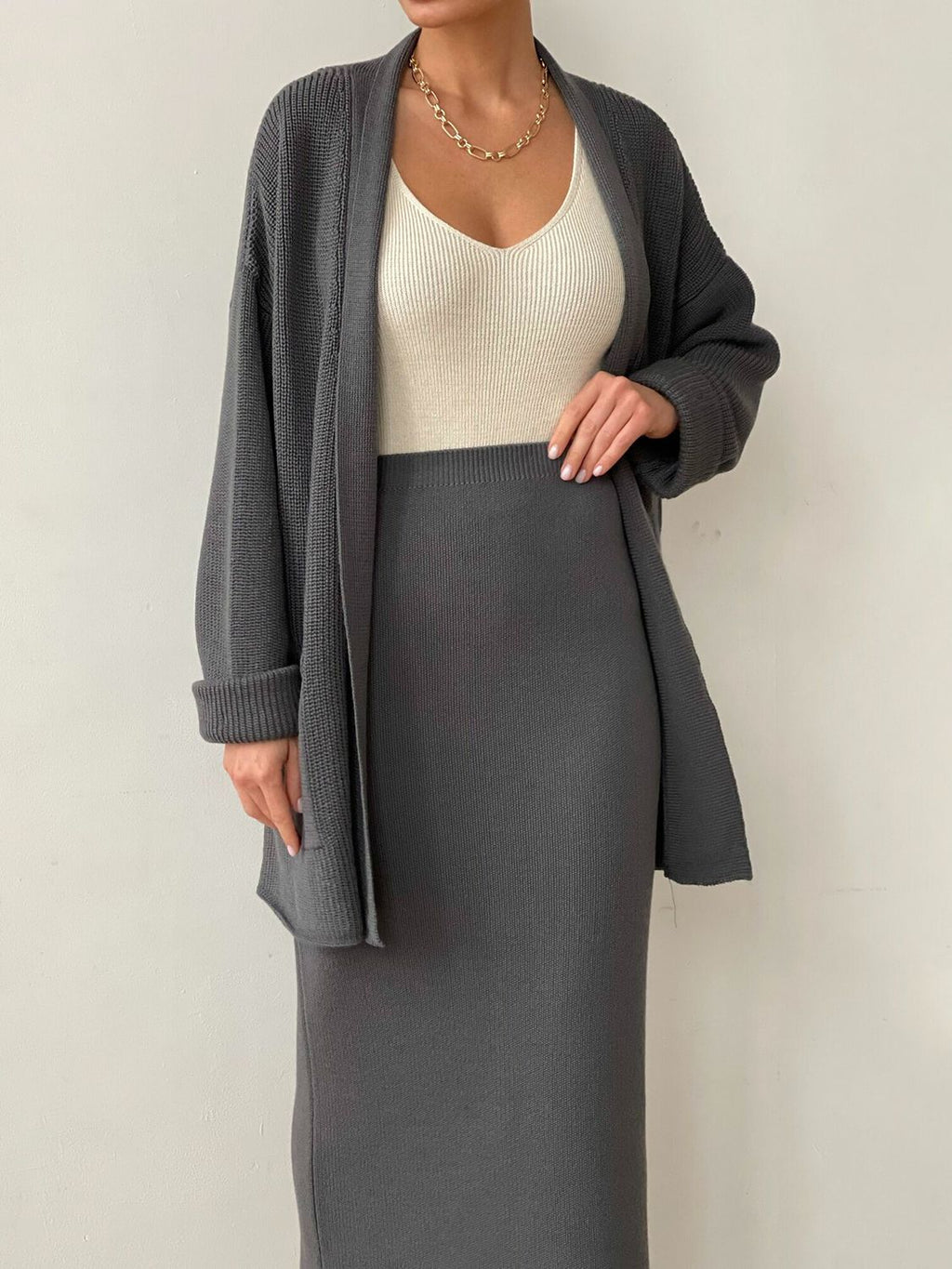Pocketed Long Sleeve Cardigan and Skirt Sweater Set by Wild and Free Boutique